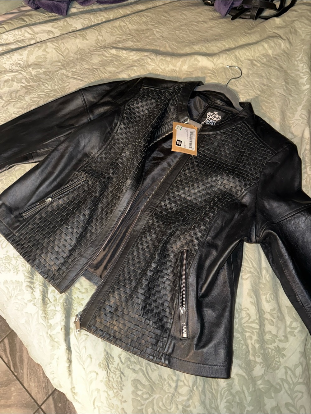 Women's Black Woven-Panel Leather Jacket